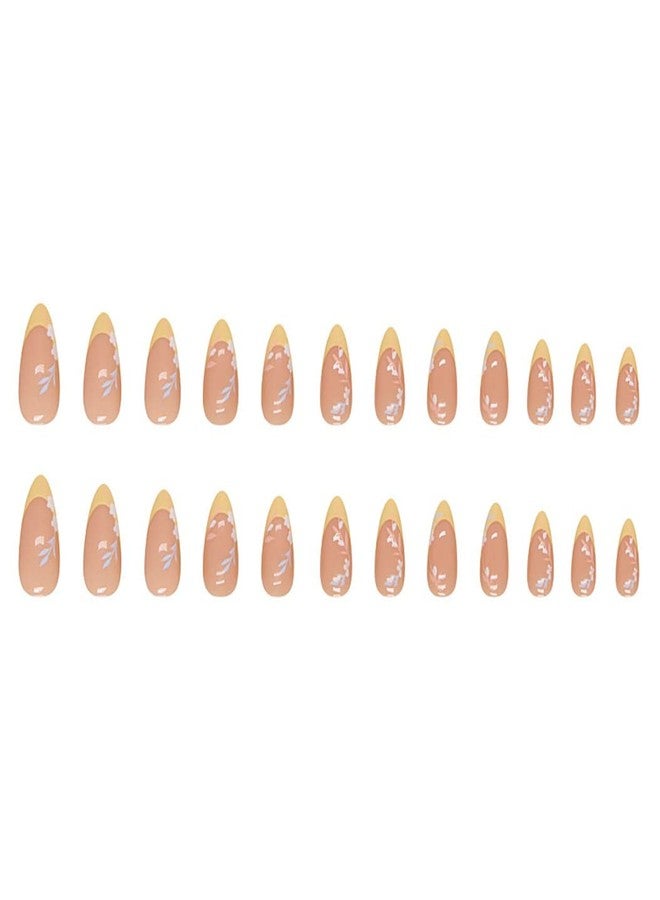 RikView French Tip Press on Nails Medium Length Fake Nails Almond Acrylic Nails Glossy Yellow Nails - Image 4
